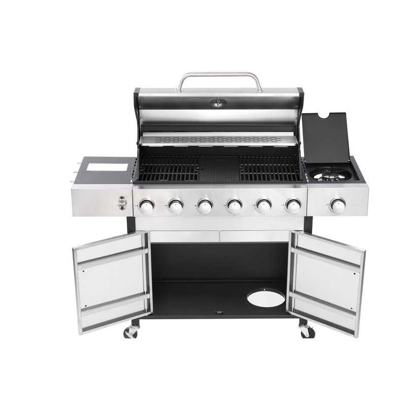 Barbecue au propane à 6 brûleurs avec avantage latéral, foyer en émail résistant à l'usure, 2 verrous verrouillables non verrouillables de 3 pouces, allumage intégré par bouton-poussoir, panneau de commande en acier inoxydable no 430, 65910