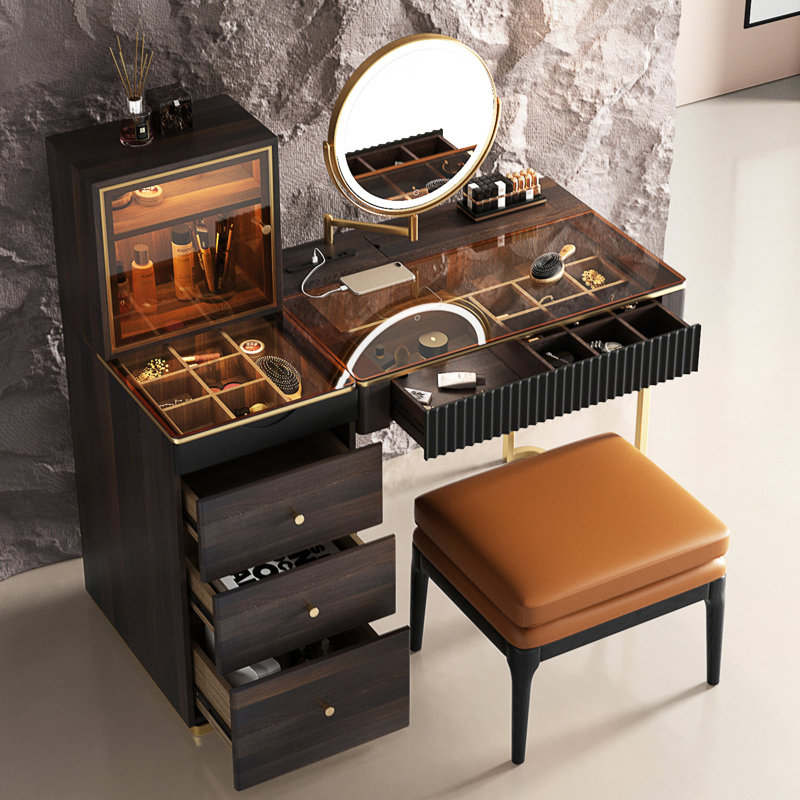  Ensemble de meuble-lavabo de 47 po de haute qualité, prise de courant, plateau en verre, très facile à assembler, avec tabouret de maquillage