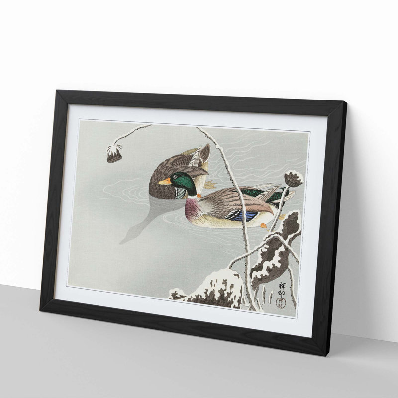 Two Mallard Ducks by Ohara Koson - Picture Frame Painting Print, 48cm H x 65cm W x 2cm D, Black Framed
