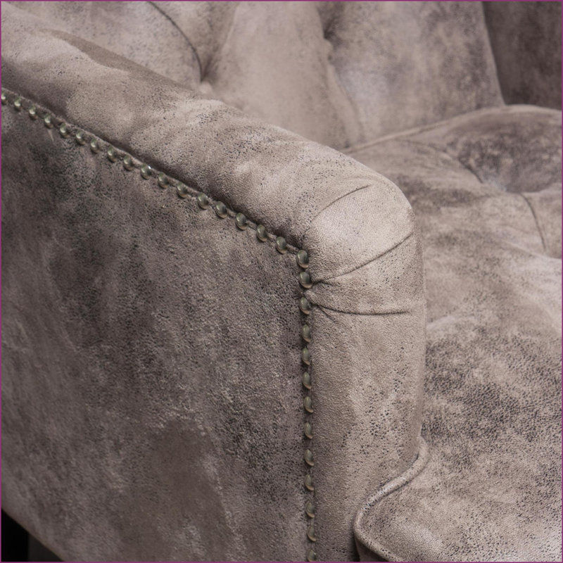 Fauteuil club en microfibre brun noyer contemporain, capitonné avec garniture cloutée | Gris + brun | Microfibre