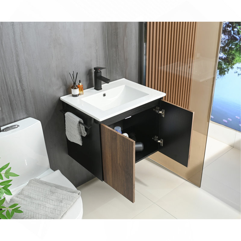Meuble-lavabo moderne 24 po avec lavabo monotrou en céramique et porte-serviettes noir, ensemble de meuble-lavabo mural noyer et noir