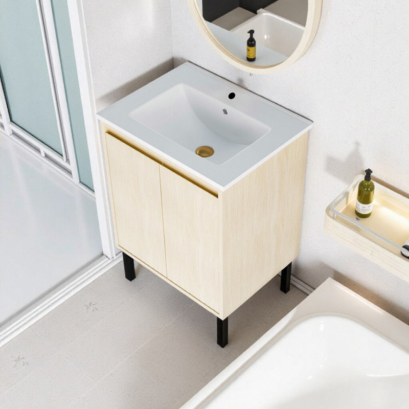 Meuble-lavabo 24 po avec lavabo en céramique et tiroirs à fermeture en douceur - Conception sur pied pour une stabilité ultime et un rangement moderne