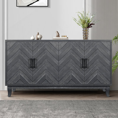 Armoire de rangement style rétro plus fort, armoires de rangement laquées décoratives à 4 portes, armoire de rangement à lattes épaissie pour entrée, salon, gris taupe