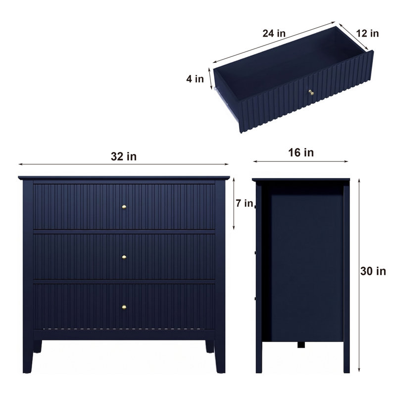 Table de chevet cannelée bleue à 32 tiroirs de 32 po de largeur, table d'appoint de rangement moderne pour grande chambre à coucher, table de bout de chevet escamotable avec boutons pour petits espaces