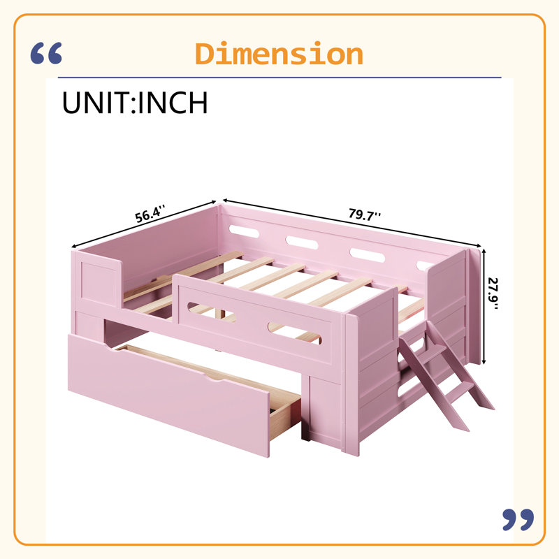 Lit plateforme en bois avec garde-corps et tiroir, Full, Pink
