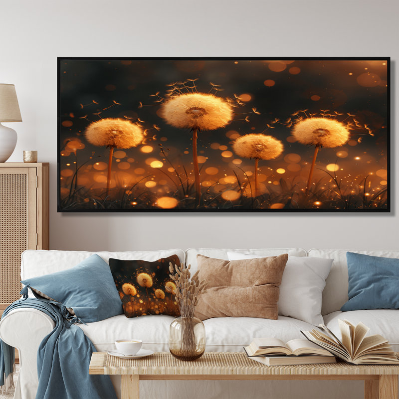 Décoration murale jaune pissenlit doré au lever du soleil - Pissenlit, Cadre flottant noir, H 12 po x l 20 po