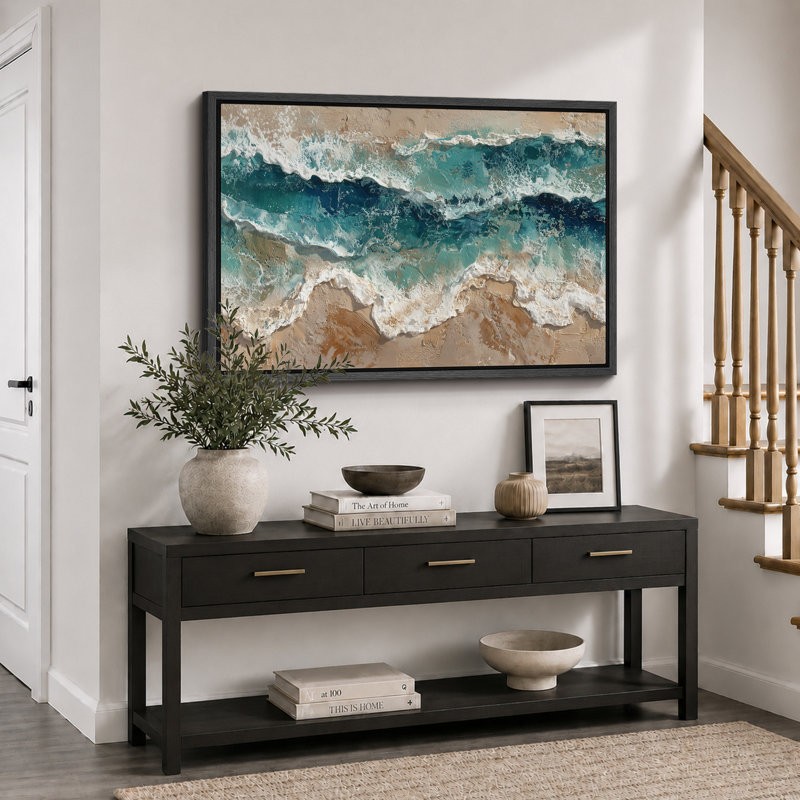 Art abstrait de vagues côtières, photos de salon, impression sur toile encadrée, H 16 po x l 24 po, Cadre flottant noir