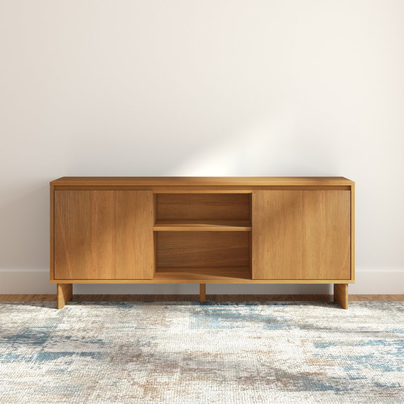 Meuble télé moderne, 2 portes avec tablette centrale (59 x 16 x 25 po), pacane, H 25 po x L 59 po x l 16 po, Pacanier
