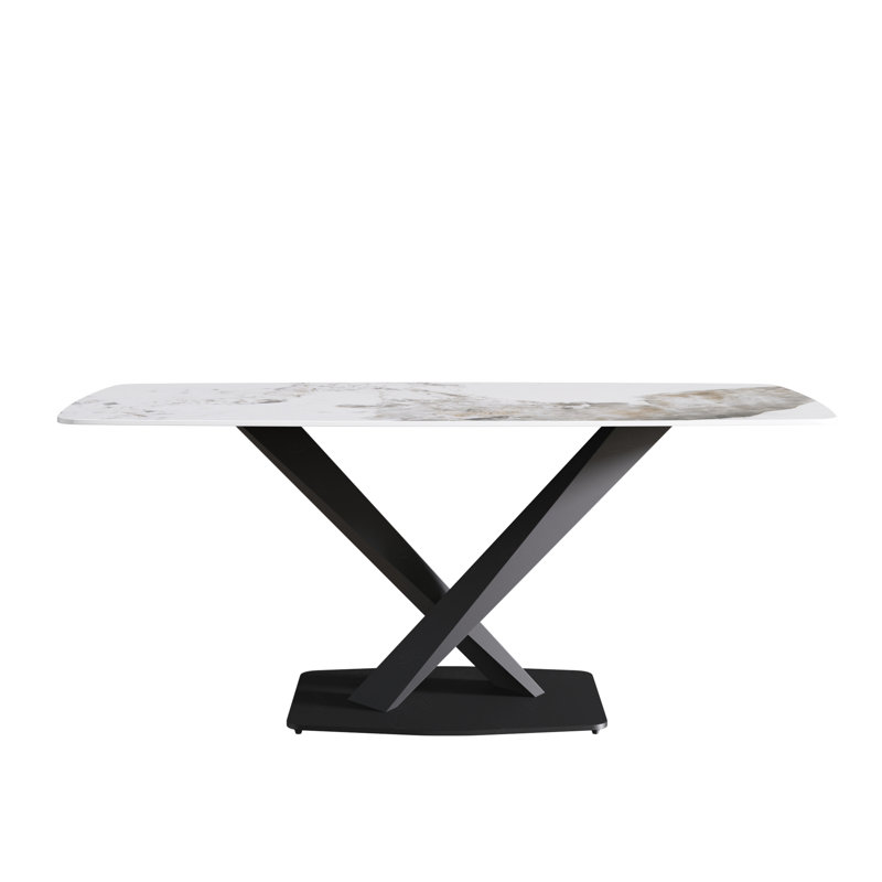 Table de salle à manger 70,87 "en pierre artificielle moderne avec pieds en métal noir courbé Pandora - peut accueillir 6 à 8 personnes