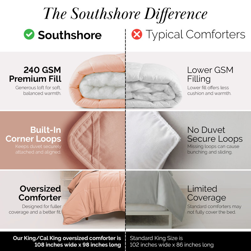Vilano Springs ® Oversized Down Alternative Comforter with piped Edging and corner loops, Easy care, King Comforter, Blush