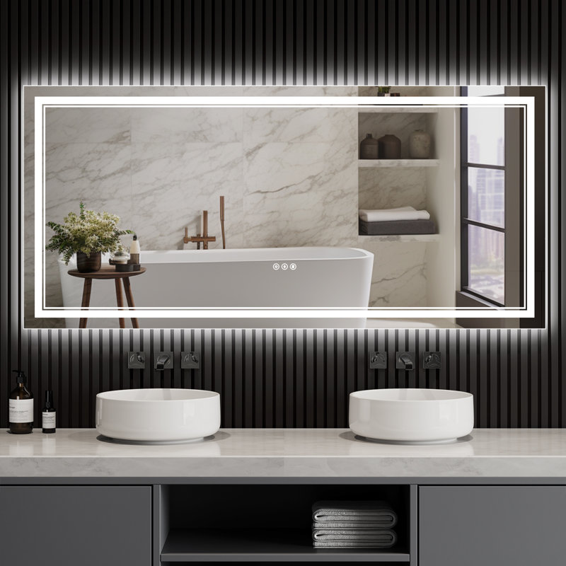 Miroir de salle de bain à DEL avec éclairage: avant et rétroéclairé, verre trempé, 3 couleurs, intensité variable, IRC 90+, désembuage