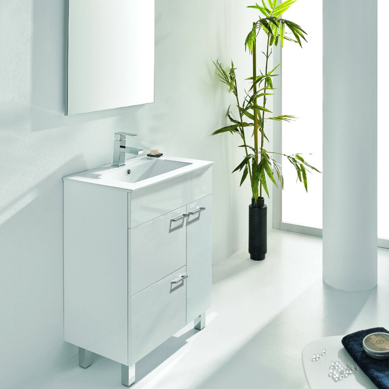 Glossy White 32'' Single Freestanding Bathroom Vanity with Ceramic Sink