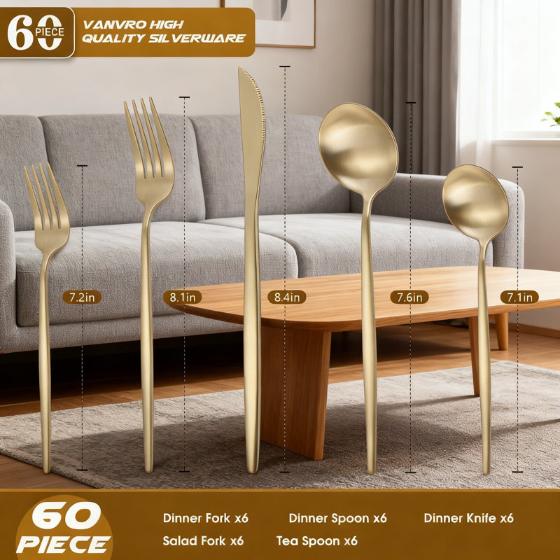 Service à couverts en acier inoxydable 60 pièces pour 12 pièces Champagne Gold Champagne, Doré