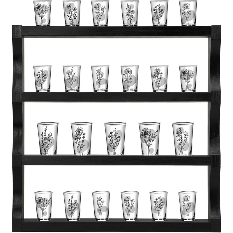 Wood Shot Glass Display Case, Wall-Mounted Bar Collection Shelf, Black