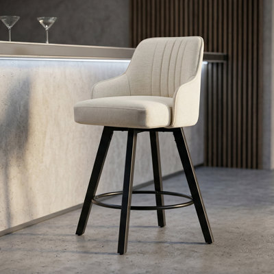 360 Swivel Counter Height Linen Bar Stool with Wooden Legs(set of 2)