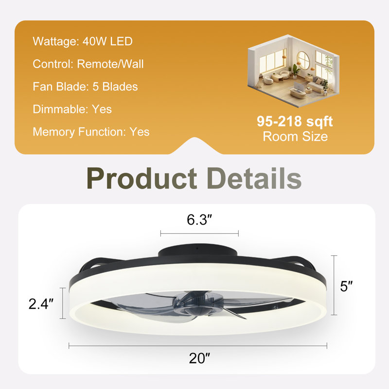20" Black Flush Mount Ceiling Fan with Light, Low Profile, App & Remote Control, 6-Speed Quiet DC Motor, Dimmable LED for Bedroom