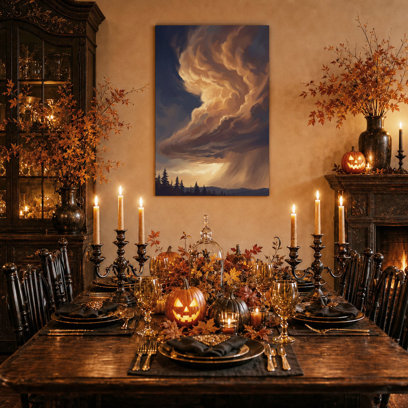 Toile murale d'Halloween représentant des nuages ​​dorés tourbillonnants au-dessus des pins, 48"H x 32"W