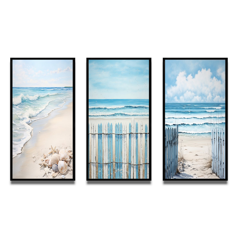 «Minimalisme sur la plage», 3 pièces sur toile, Cadre noir, H 40 po x l 60 po