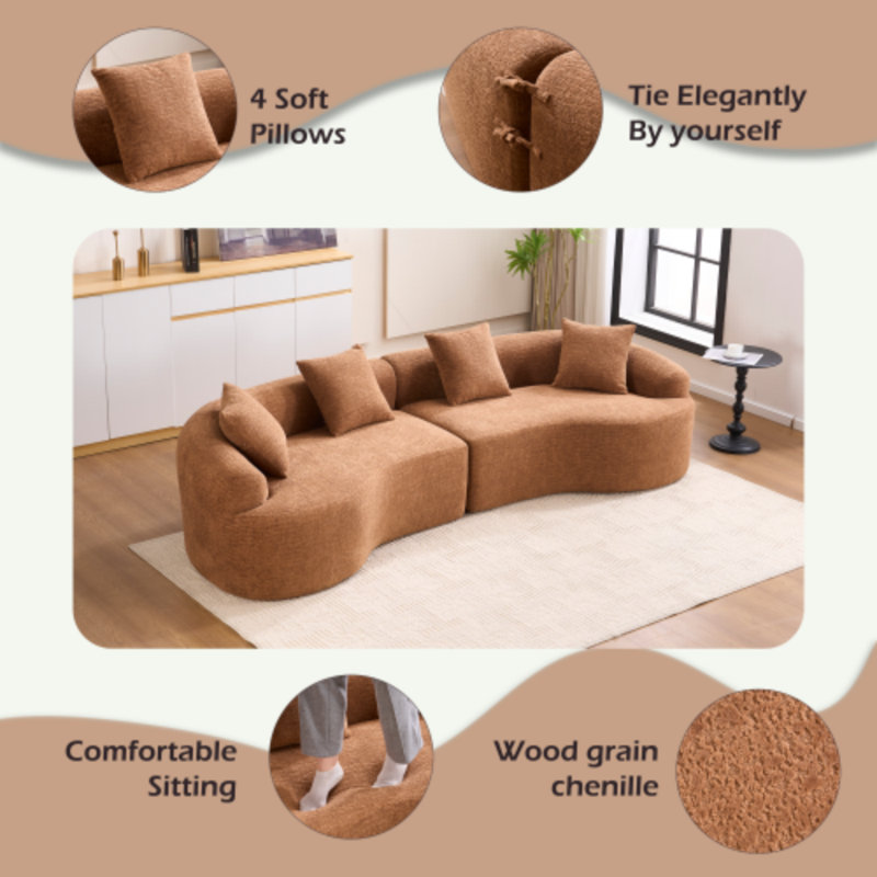 Canapé modulaire incurvé Boneless de 110 po - Chenille caramel caramel, fermeté 30D, capacité de 800 lb, 4 coussins, Brun