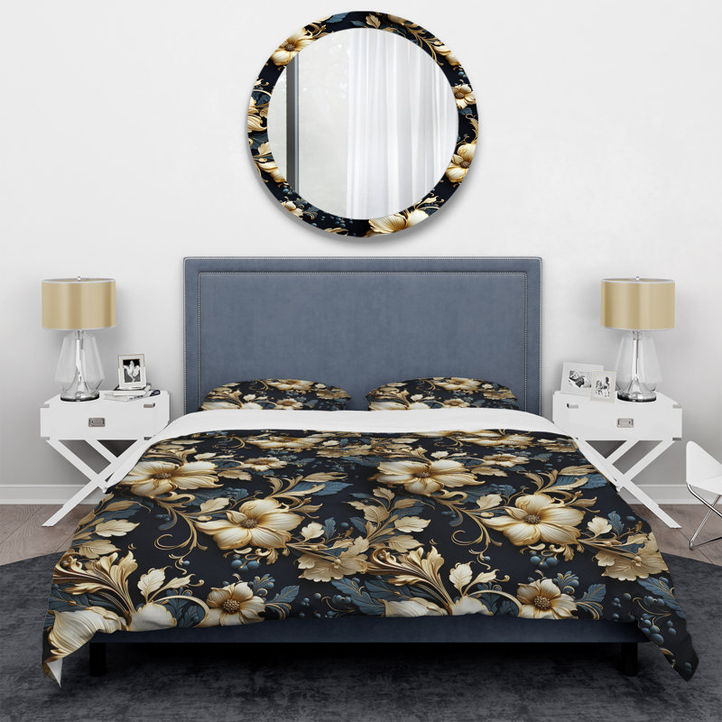 Ensemble de housse de couette doré et bleu Royal Flower Gardens, Housse de couette simple + 1 taie décorative stan