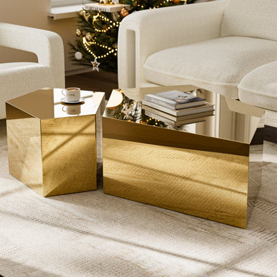  Modern Gold Stainless Coffee Table, Set Of 2 Geometric Design Coffee Table For Living Room Bedroom