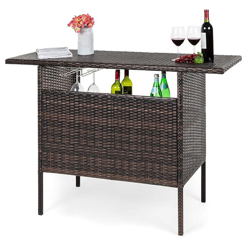 Table de bar d'extérieur en osier avec 2 tablettes en acier et structure en acier robuste, table légère - brun