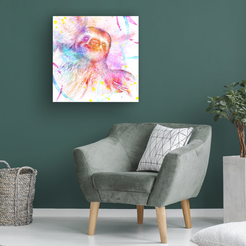 Colorful Pink and Blue Sloth Canvas Art, 14" x 14"