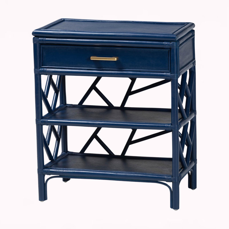 Melo Blue 1-Drawer & 2-Open Shelves Rattan Pole Nightstand, 25.67" H X 21.67" W X 13.36" D, Blue