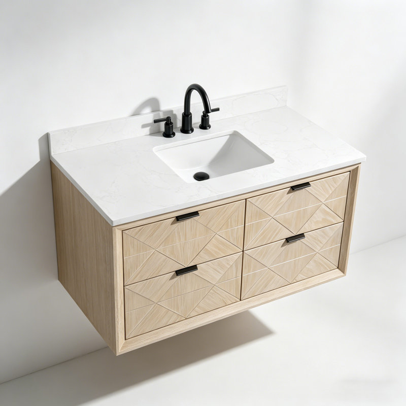 48" Floating Single Sink Solid Wood Natural Oak Bath Vanity with Engineered Marble Top, White Washed Oak