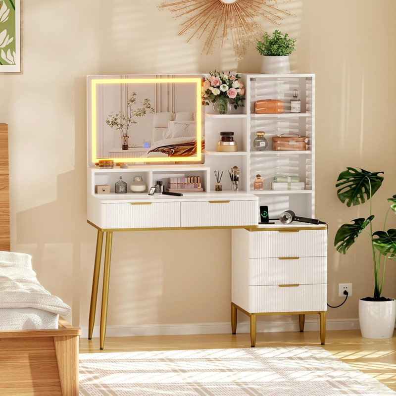 Makeup Vanity Desk with Lights & Power Outlet, Big Modern Fluted Vanity Desk with 30" Hd Lighted Mirror, 5 Drawers and Storage Shelf,Dressing Table for Women Girls