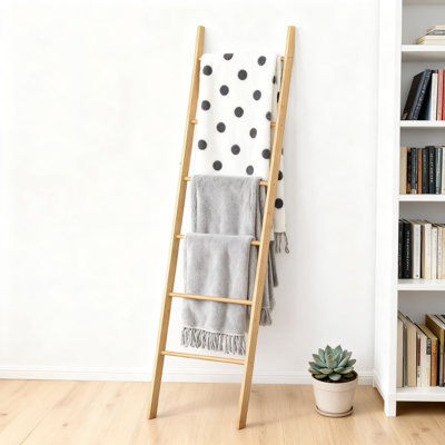 6-Tier Blanket Ladder For Farmhouse Decor, Rustic Bamboo Towel And Quilt Holder, Space-Saving Wall Leaning Storage Shelf For Living Room, Bedroom, And Bathroom