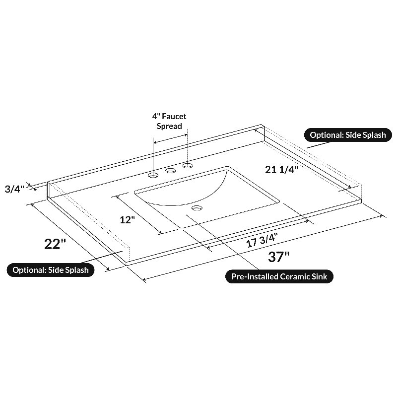 37 Marble Material 1 Single Bathroom Vanity Top Yes Sink, 4" Centers