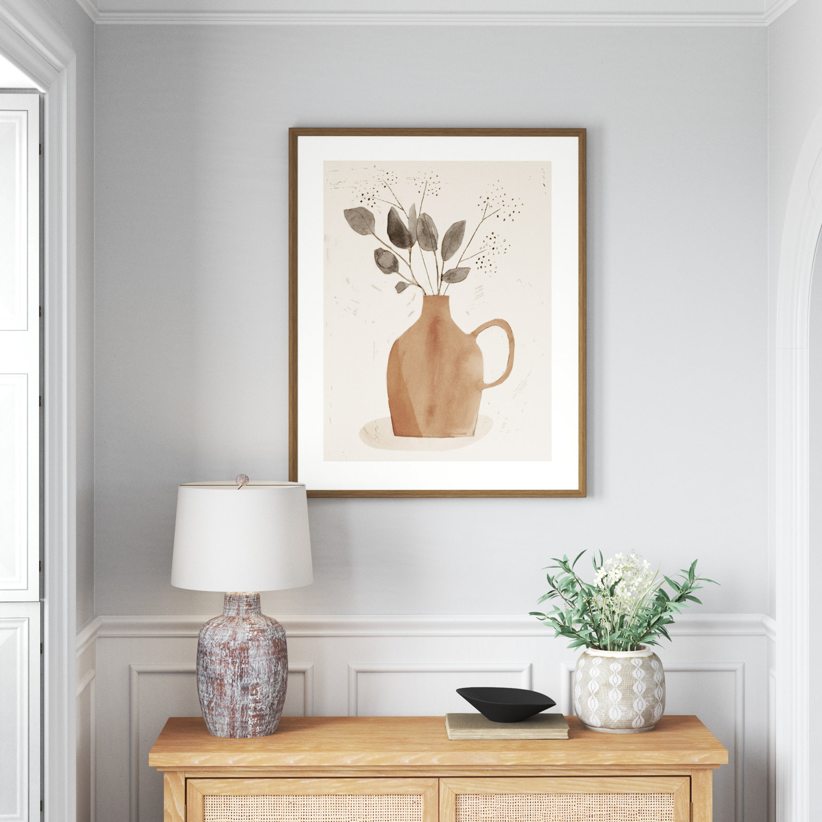 La Planta II (Floral Vase) by Victoria Barnes, 20" H x 17" W, Light Bronze Framed Paper Paper