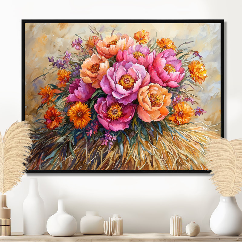 Été, bouquet de pivoines, art mural sur toile, 12" H x 20" W, Cadre flottant noir