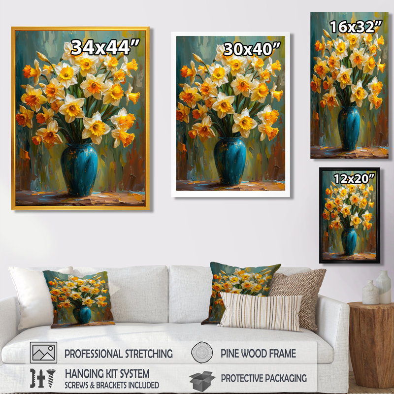 «Yellow Orange Vibrant Symphony Daffodils - Daffodils», reproduction d'art murale, H 24 po x l 32 po, Cadre flottant doré