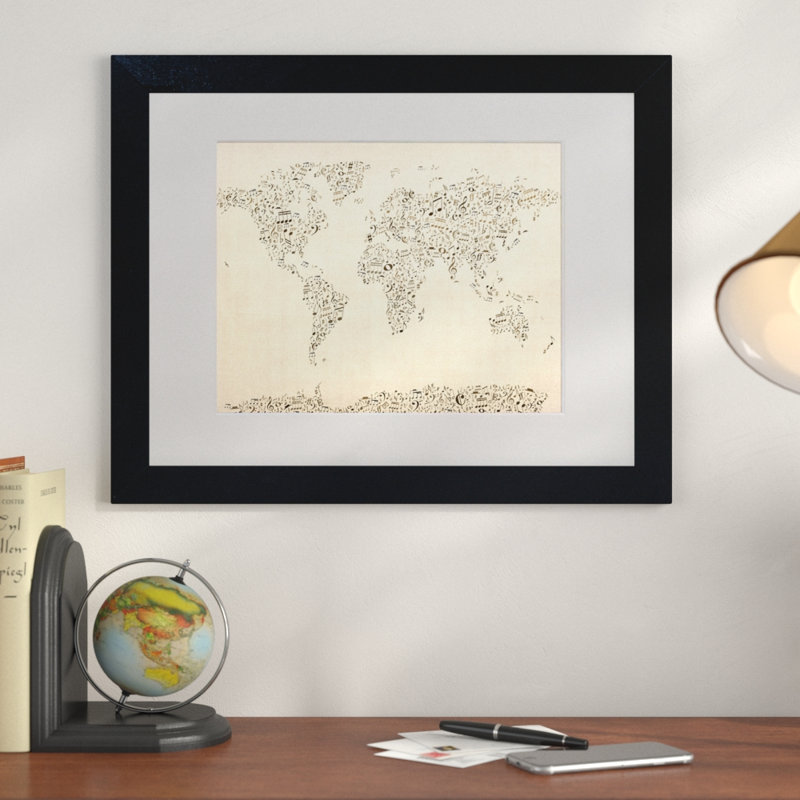 « world map-music notes », impression encadrée, 11 po x 14 po, Noir