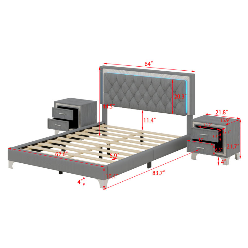 Lit plateforme tapissier avec lumières DEL et deux tables de chevet, Gris