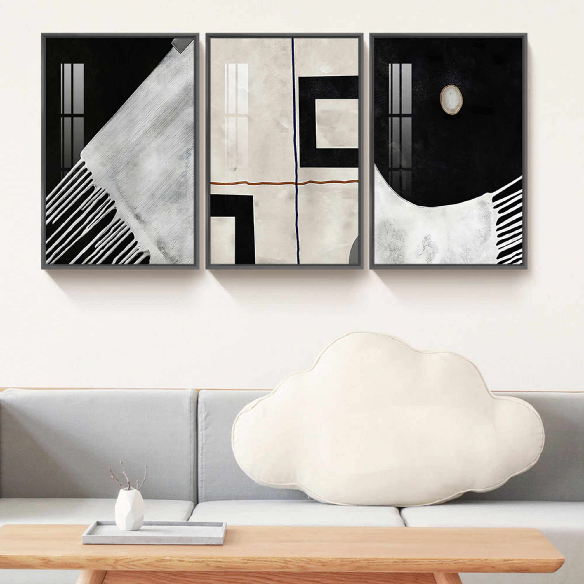 Ivy Bronx 3 Piece Framed Wall Art Minimalist Black And White Abstract ...