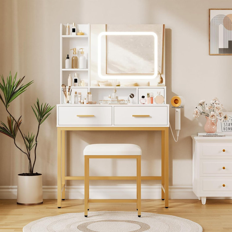 White and Gold Makeup Vanity Table with LED Lights, Mirror, 4 Drawers, 2 Shelves, Built-in Charging Station, 3 Lighting Modes, 53-inch Bedroom Vanity