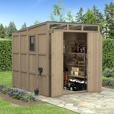 7.35x7 FT Solid Cedar Frame, Galvanized Steel Roof,  Tall Wooden Tool Shed with UV-Protected PC Skylight