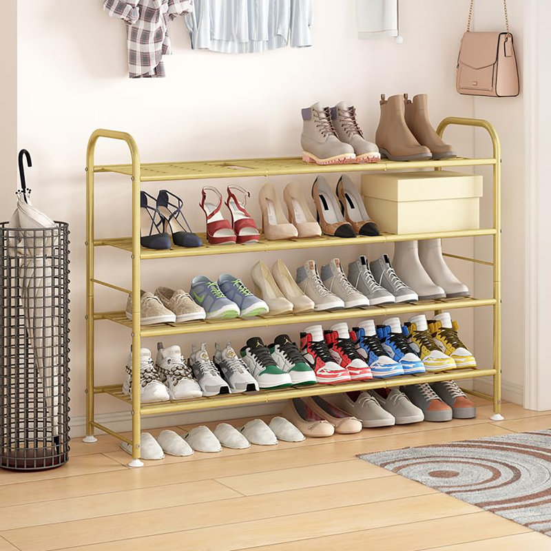 4 Tier Shoe Rack Made of Metal, Exquisitely Designed for Closets and Entryways, Gold
