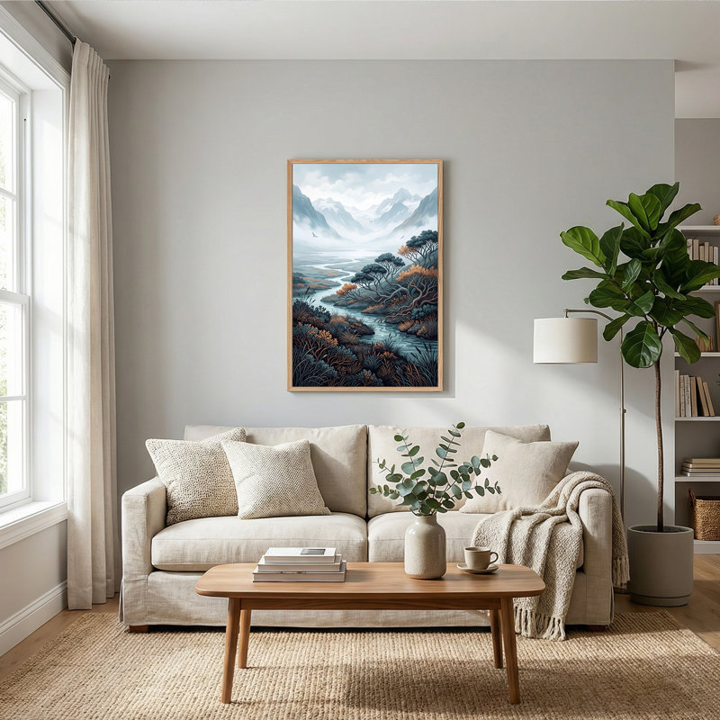 «Misty Mountains and Winding River with Tw torsed Trees», art mural sur toile, 48"H x 32"W