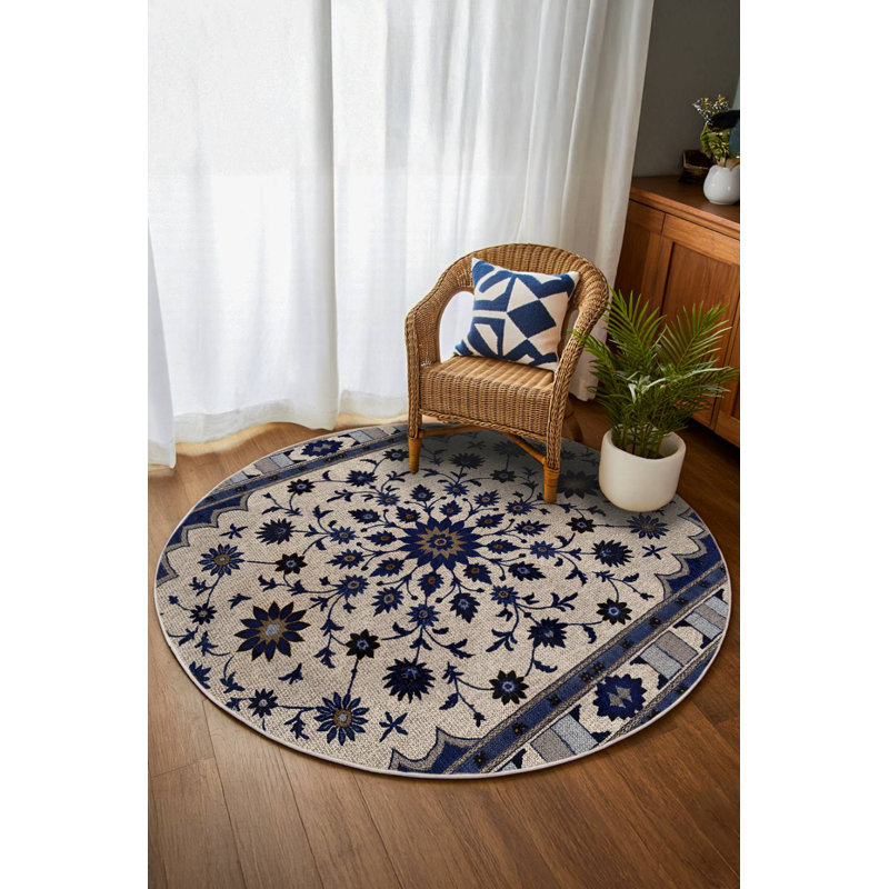 Tapis bleu marine en coton et polyester à imprimé numérique Armend Collection, Rond 3 pi 4 po