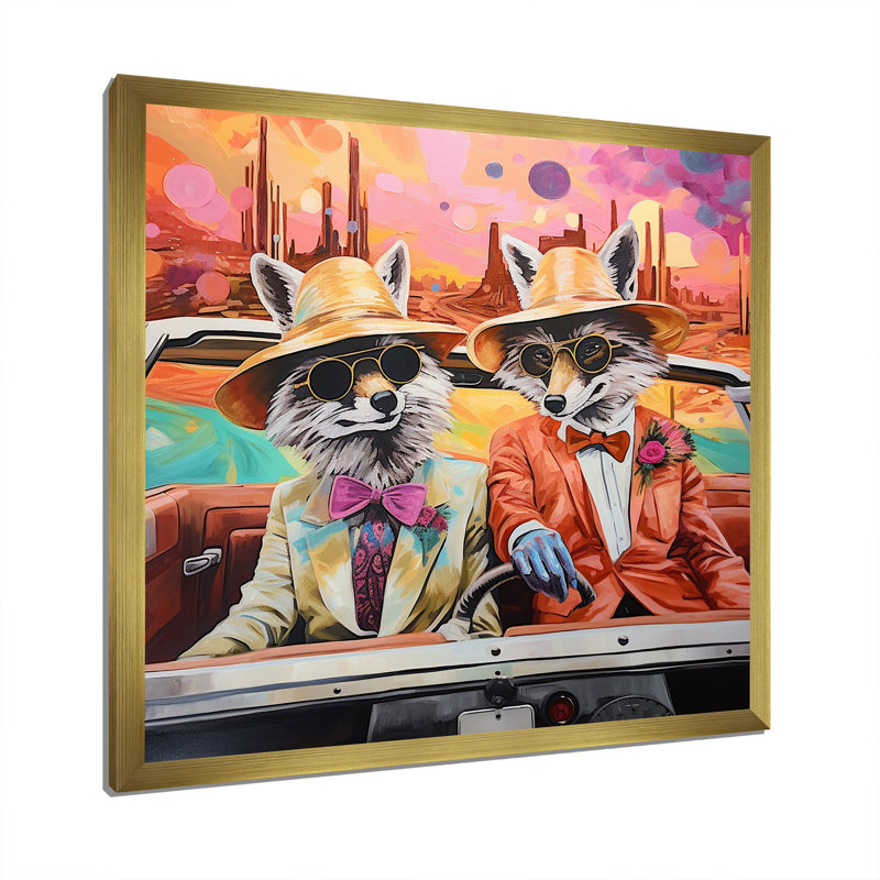 «Adventurous Foxes Drive III» - art mural animal renard, Encadrement doré, H 30 po x l 30 po x P 1,5 po