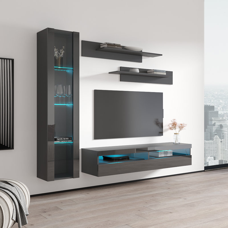 Lineberry 85" Modern Floating Wall Mounted Entertainment Center with 16-Color LED Lighting, High Gloss Finish, Gray