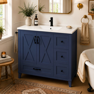 Meuble-lavabo de 36 po bleu marine, armoire de salle de bain autoportante avec lavabo en céramique, portes en forme de X, 4 tiroirs de rangement, tablettes de porte, tablette réglable, barre à serviettes réversible