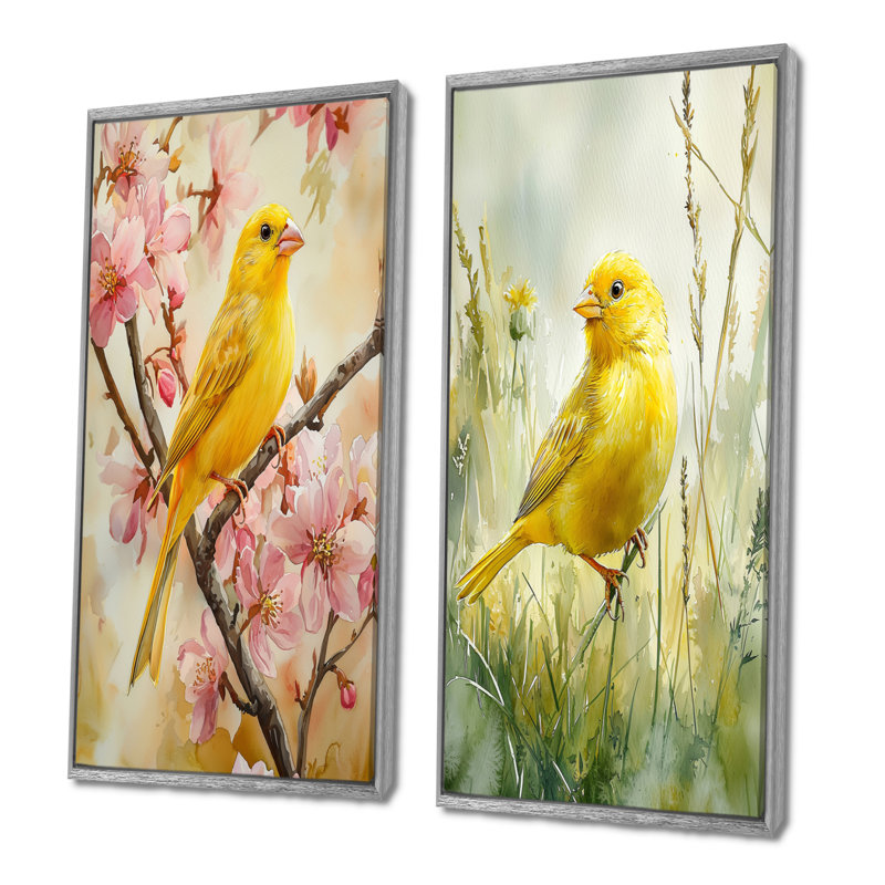 Oiseau canari dans les fleurs I - Collection d'art mural 2 panneaux animaux, H 40 po x l 41 po, Encadrement argenté