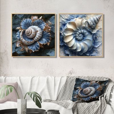 Coquillage moderne bleu et blanc Serenade I - art mural coquillage - ensemble de 2 décorations murales modernes