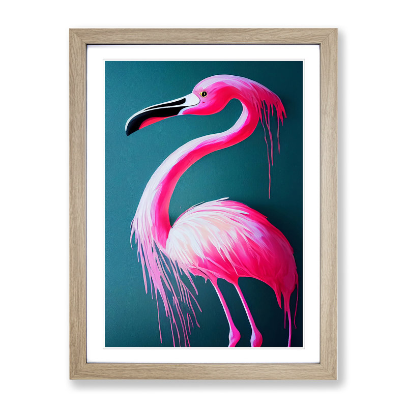 Paint Drip Flamingo - Wall Art, 46cm H x 34cm W x 2cm D, Oak Framed
