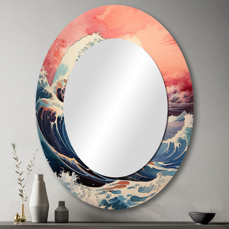 Chef-d'œuvre rose, la grande vague de Kanagawa I - miroir mural ovale rose, 43 po x 33 po
